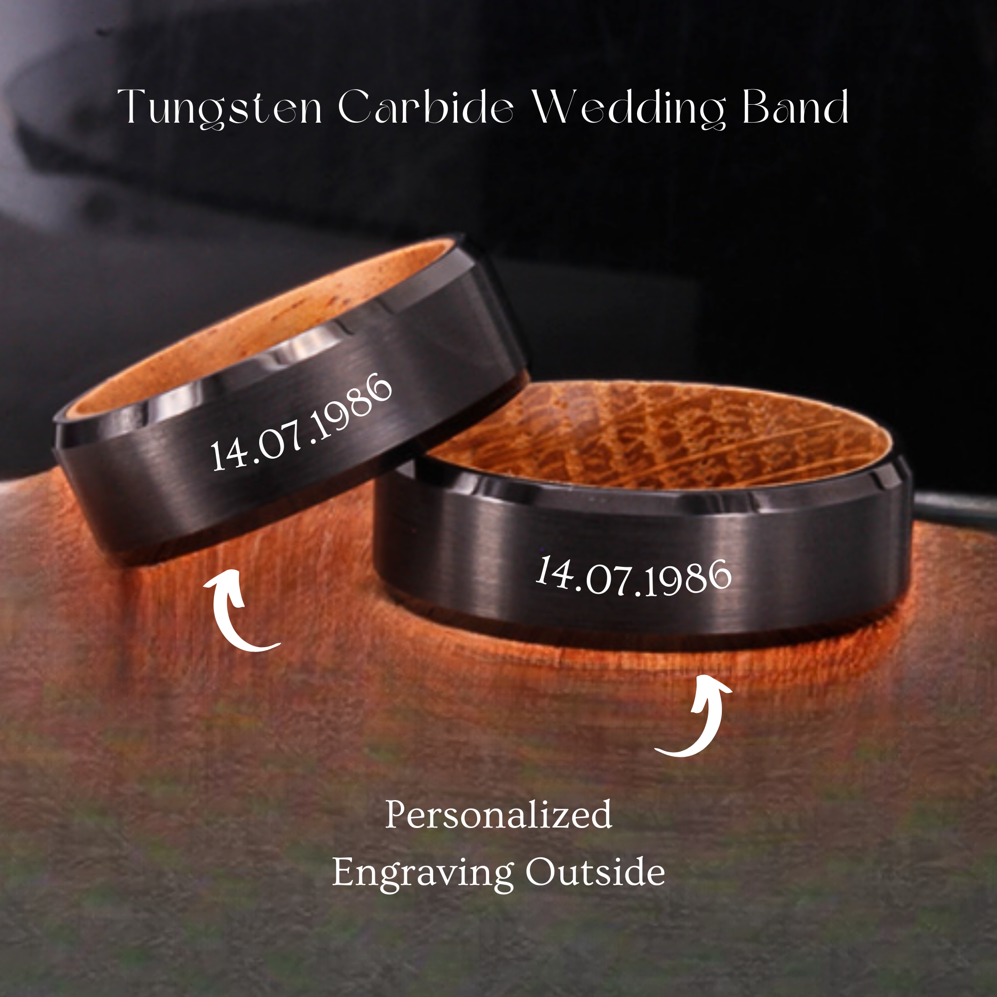 Unique Men's Wooden Promise Ring – Black Whiskey Barrel Ring, Tungsten Wedding Band, Engagement Ring for Him