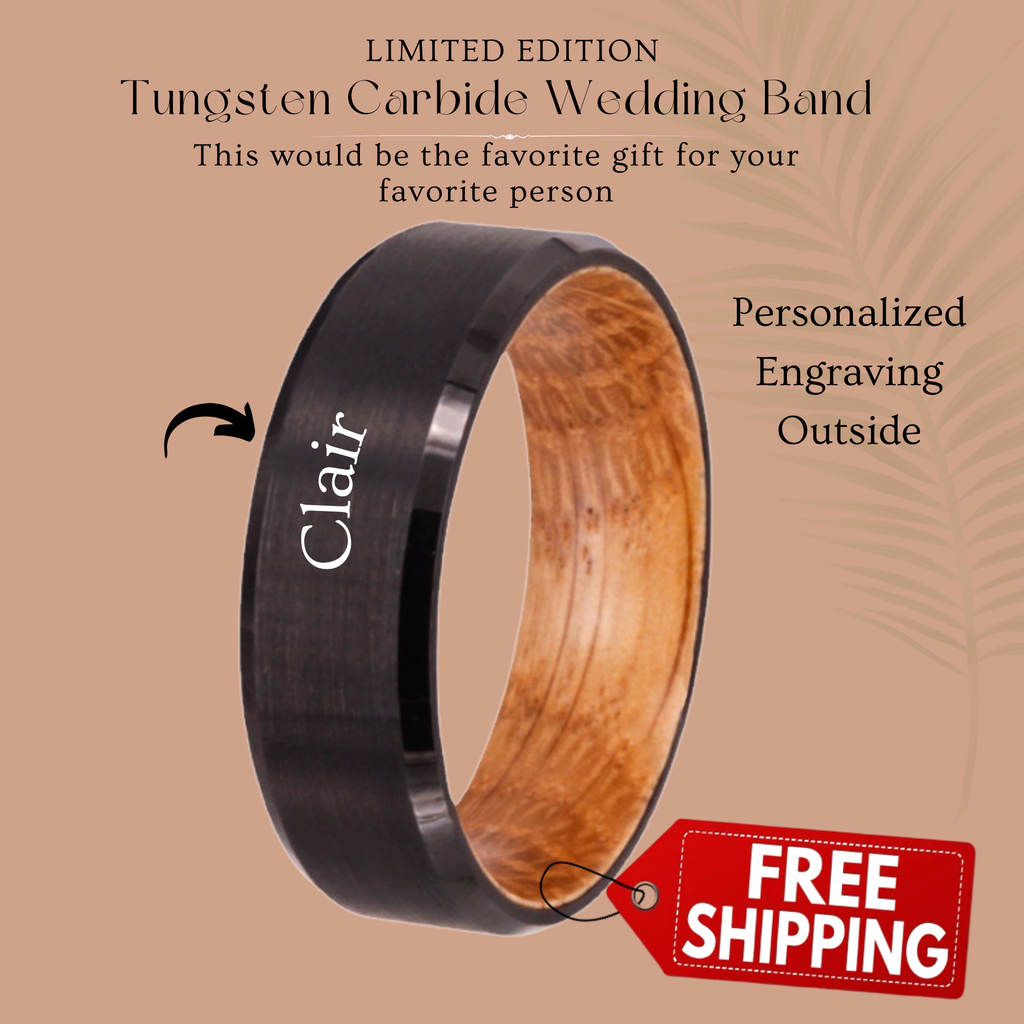 Unique Men's Wooden Promise Ring – Black Whiskey Barrel Ring, Tungsten Wedding Band, Engagement Ring for Him